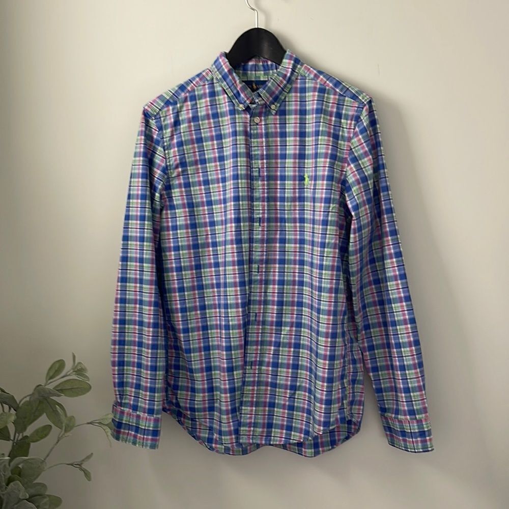 Ralph Lauren Boys Button Down Shirt. Size XL (18-20) Blue/pink/green plaid‎